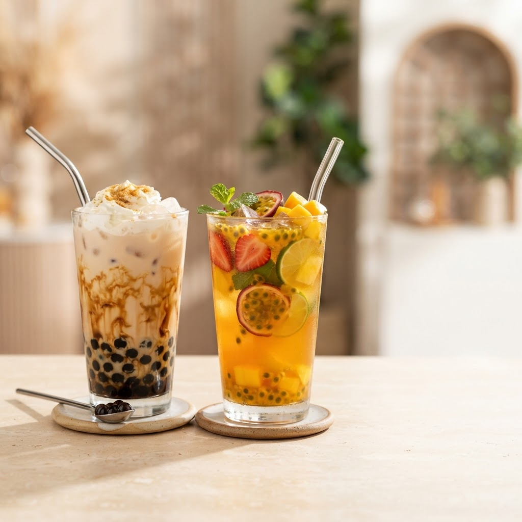 A milk tea and a fruit tea served side by side